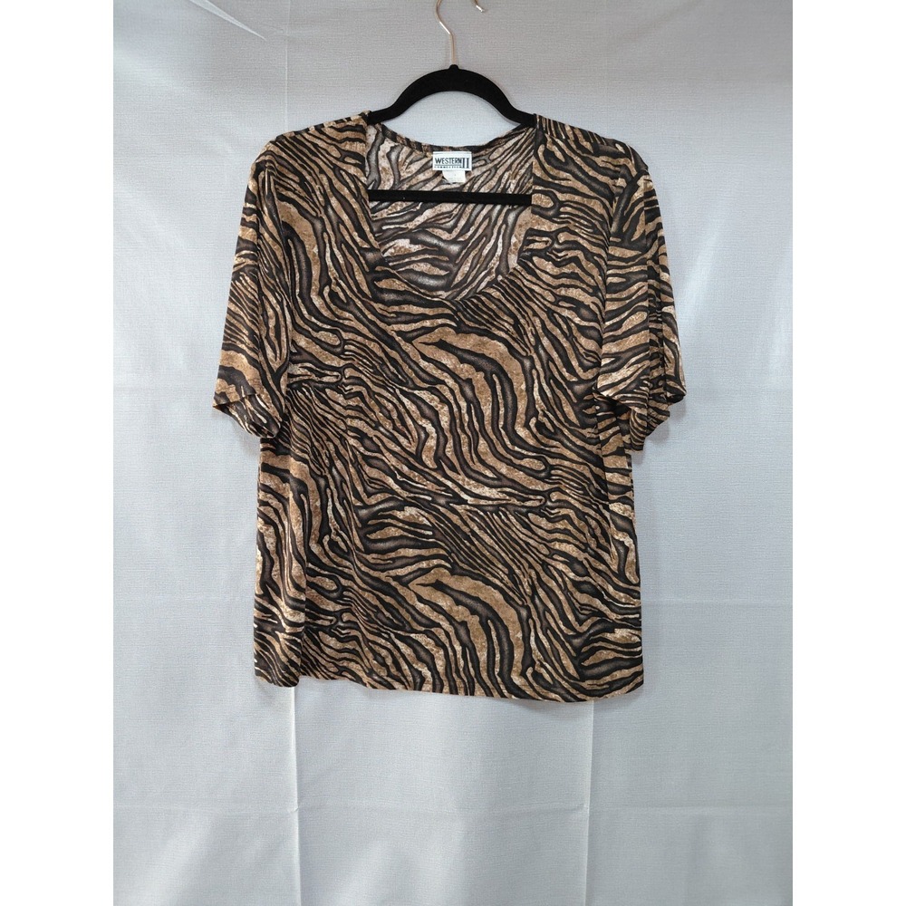 Vtg Western Connection Animal Print Top 1X Slinky‎ Stretchy Brown Black